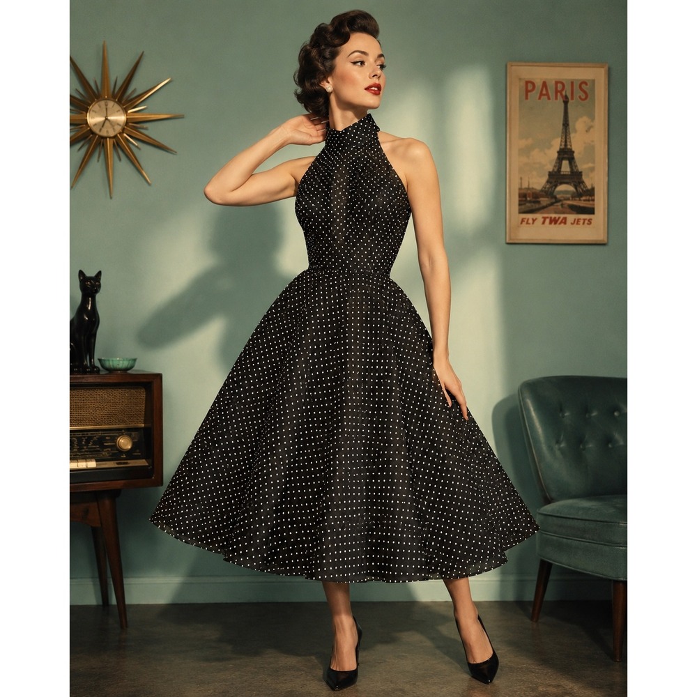 JR‎ Nites by Caliendo Polka Dot Halter Midi Dress Black White 50s Size 6 READ